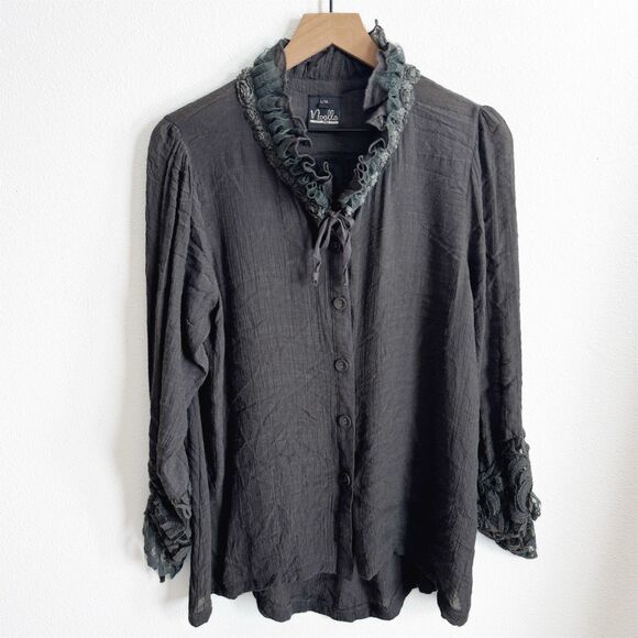 Gauzy Fairy Grunge Top Womens Large* Gray Lace Rose‎ Embellishments Button Up - Picture 1 of 16